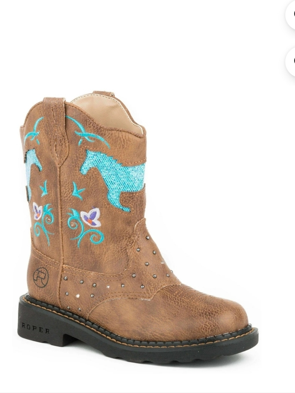 Roper Brown Kids' Western Boot Light UP with Turquoise Horse Embroidery Sz 7